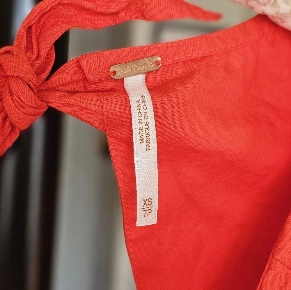 Free People Red Bow Puff Sleeve Open Back Top